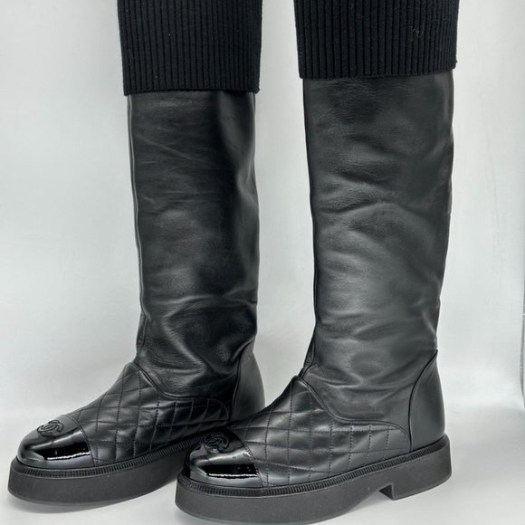 CHANEL 21B Quilted Leather Knit Sock Socks Out High Over Knee Tall Boots - Picture 1 of 16